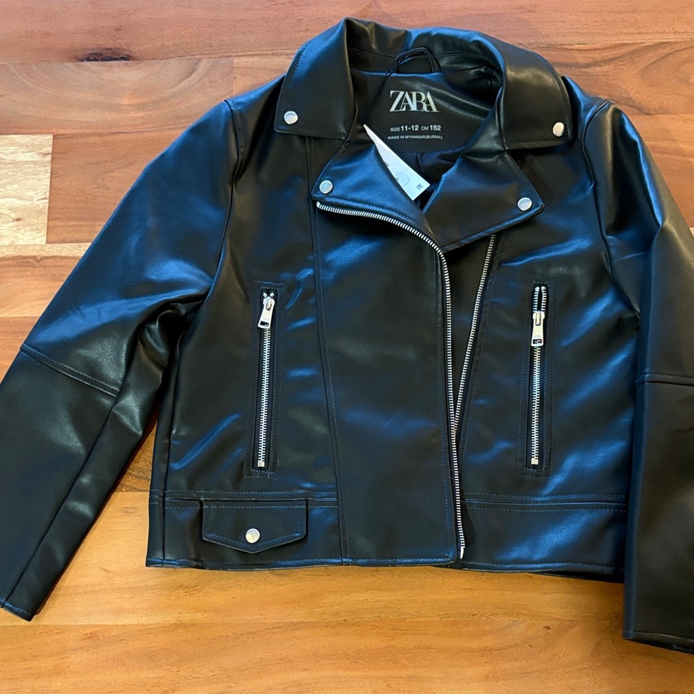 Zara Girls Black Leather-Style Jacket with Silver Accents 11-12